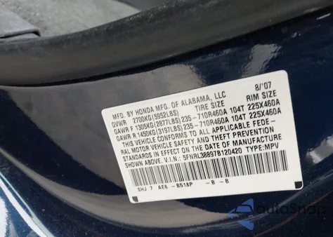 2007 Honda Odyssey Touring from USA, damaged, VIN 5FNRL38897B120420